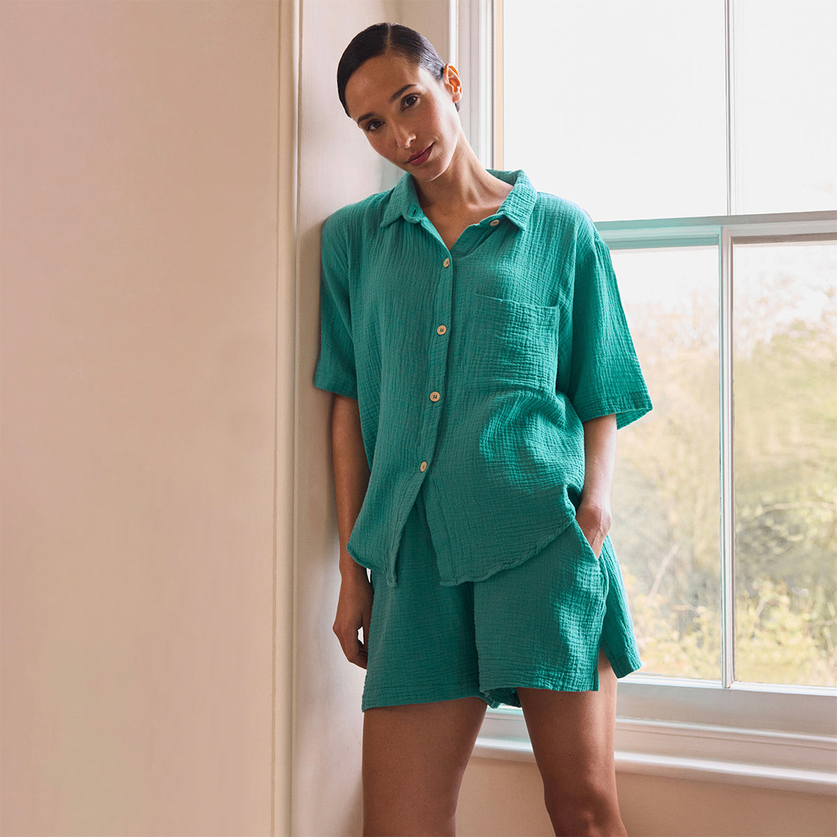Ocean Green Cotton Gauze Women's Pyjama Shorts