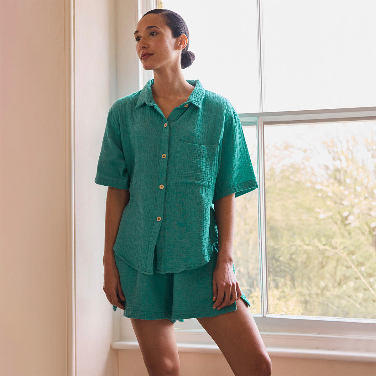 Ocean Green Cotton Gauze Women's Pyjama Shirt