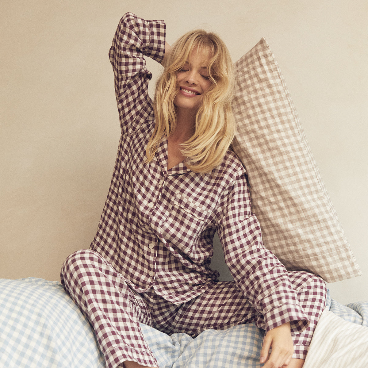 Berry Gingham Linen Blend Pyjama Trouser Set