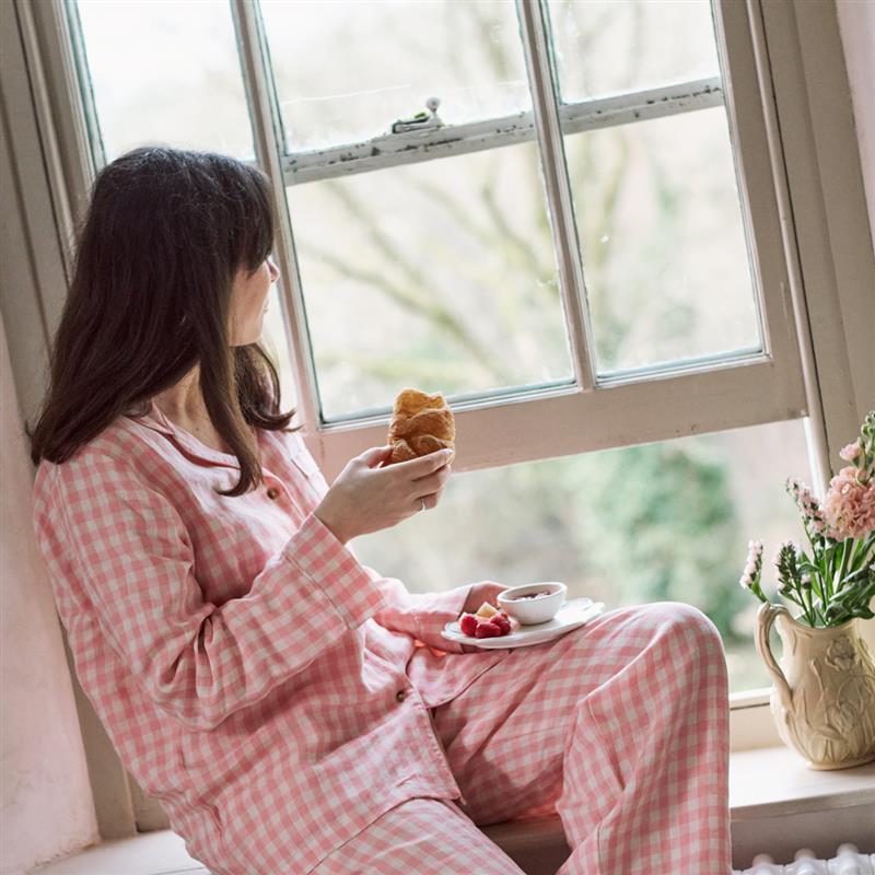 Pink Bloom Gingham Linen Pyjama Trouser Set