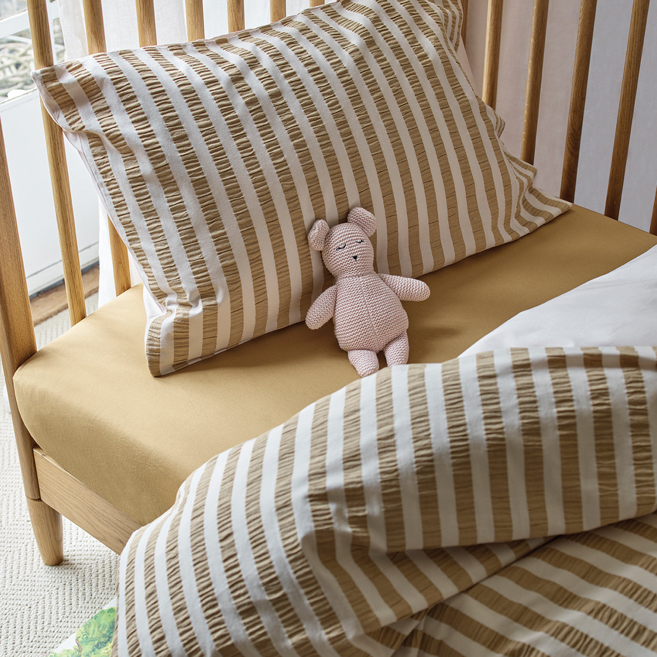 Ochre Seersucker Kids Stripe Cotton Bedding Set Piglet in Bed UK