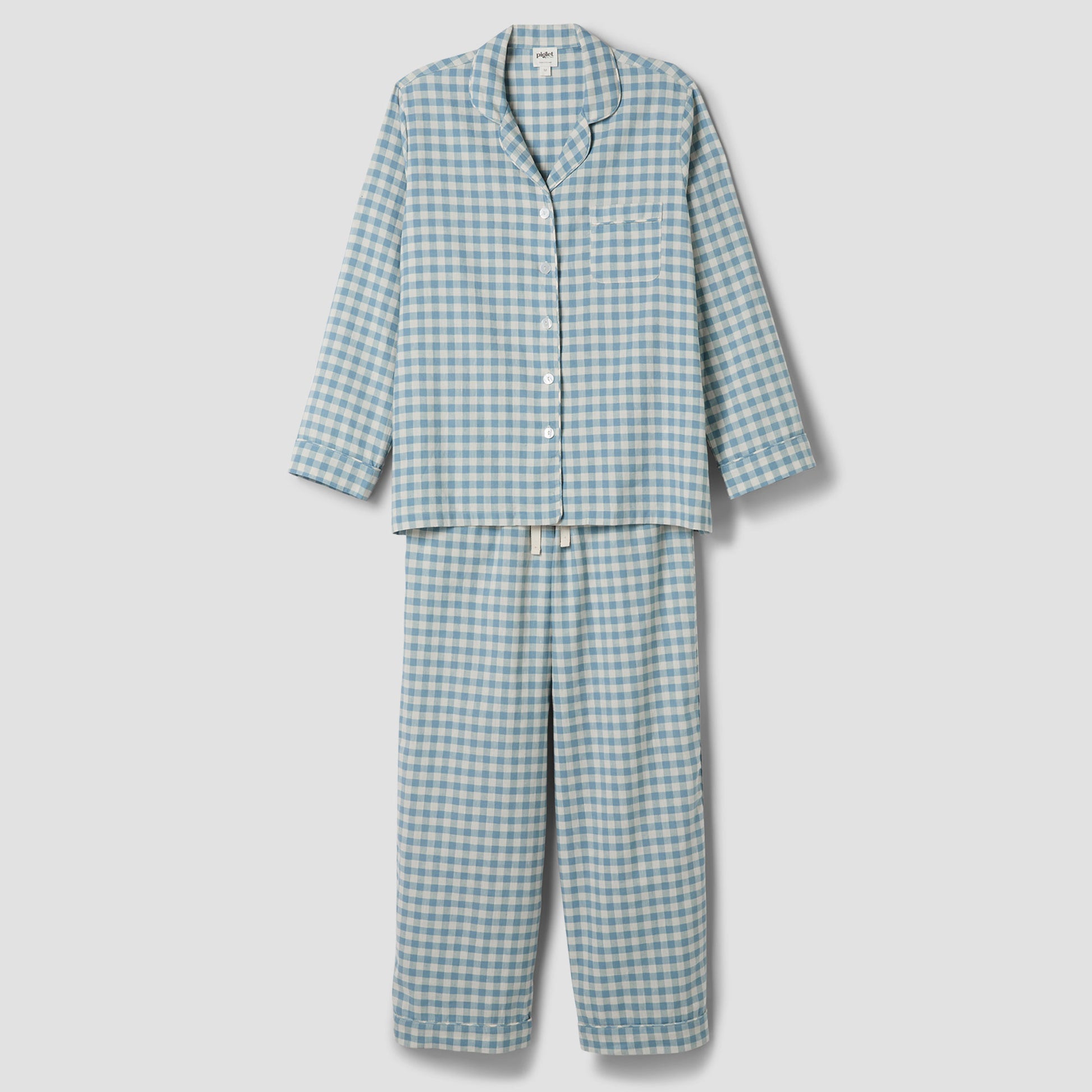 Warm Blue Gingham Linen Blend Pyjama Trouser Set