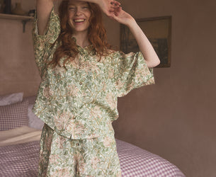 Soft Sage Honeysuckle Linen Women’s Pyjama Shorts Set