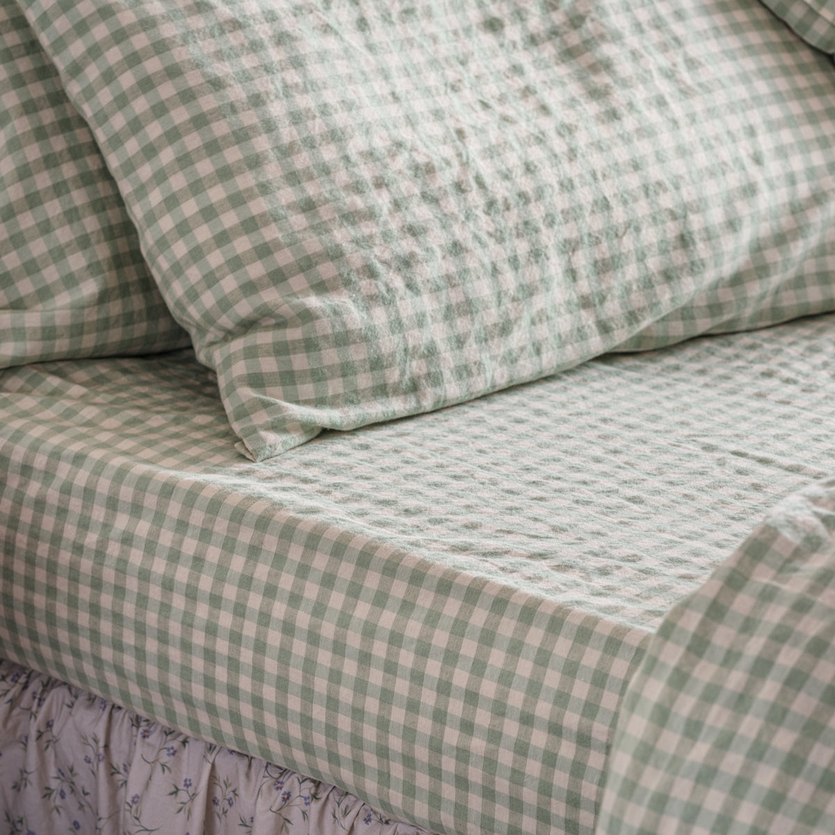 Sage Green Gingham Linen Blend Fitted Sheet