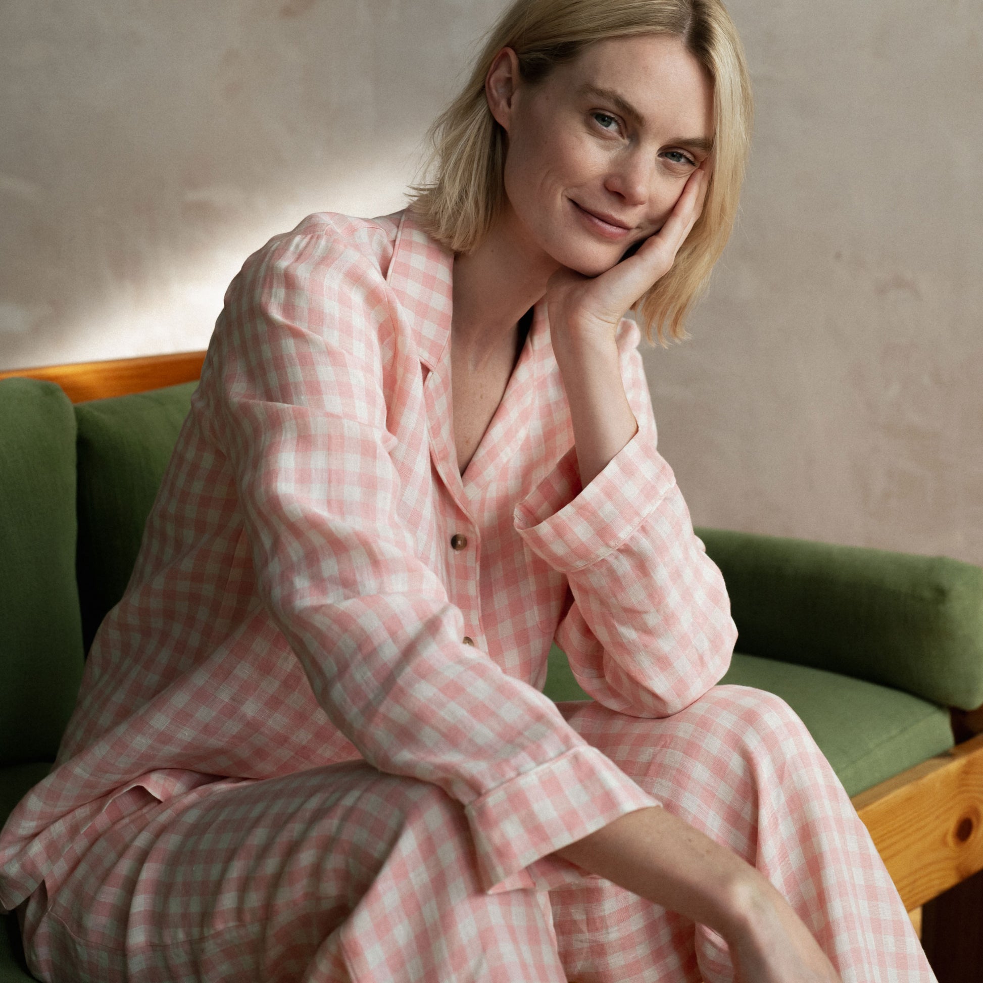 Pink Bloom Gingham Linen Pyjama Trouser Set