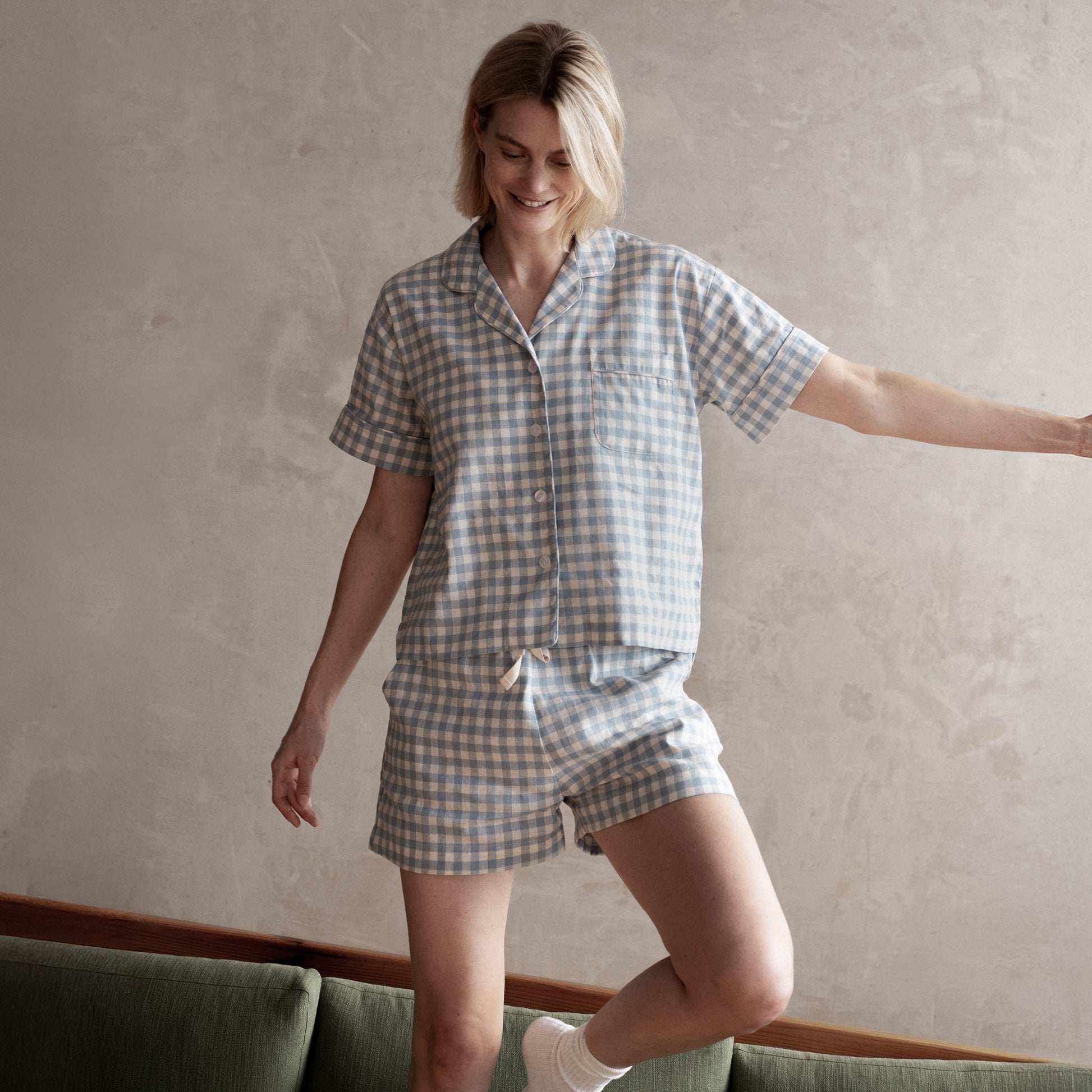 Warm Blue Gingham Linen Blend Pyjama Short Set