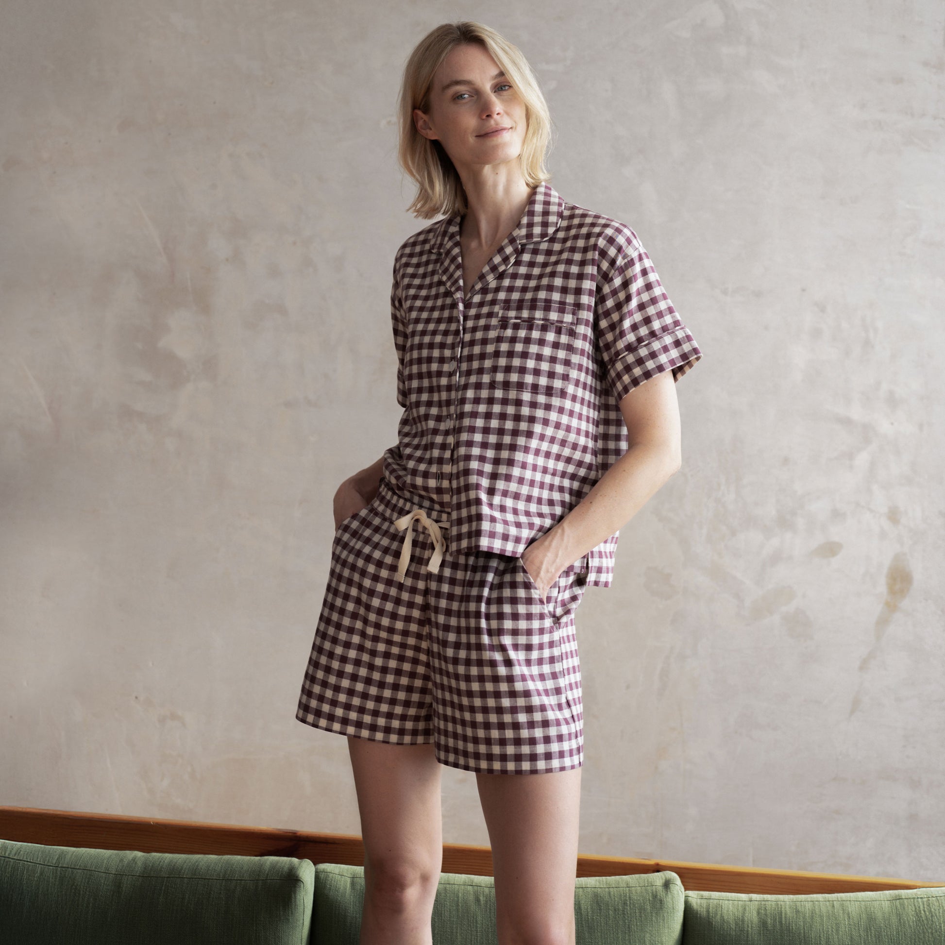 Berry Gingham Linen Blend Pyjama Short Set