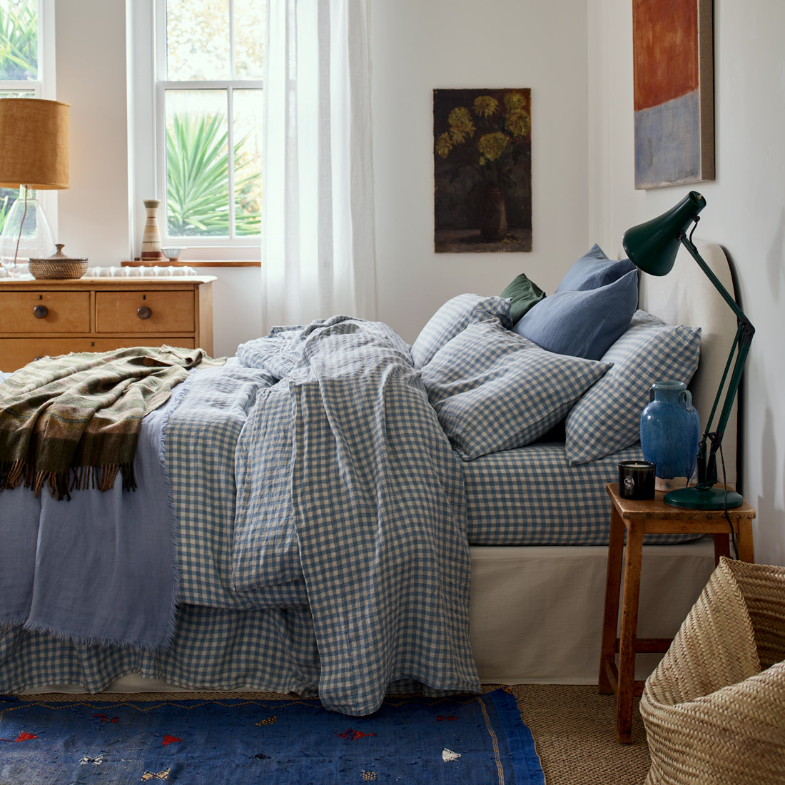 Warm Blue Gingham Linen Blend Duvet Cover