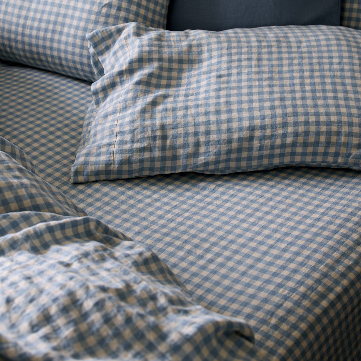 Warm Blue Gingham Linen Blend Fitted Sheet