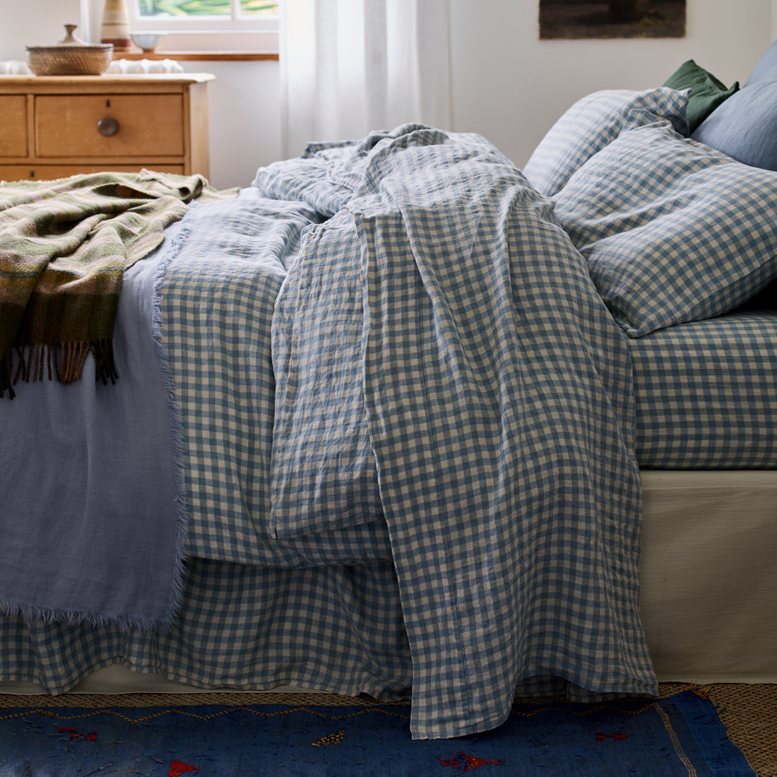 Warm Blue Gingham Linen Blend Flat Sheet