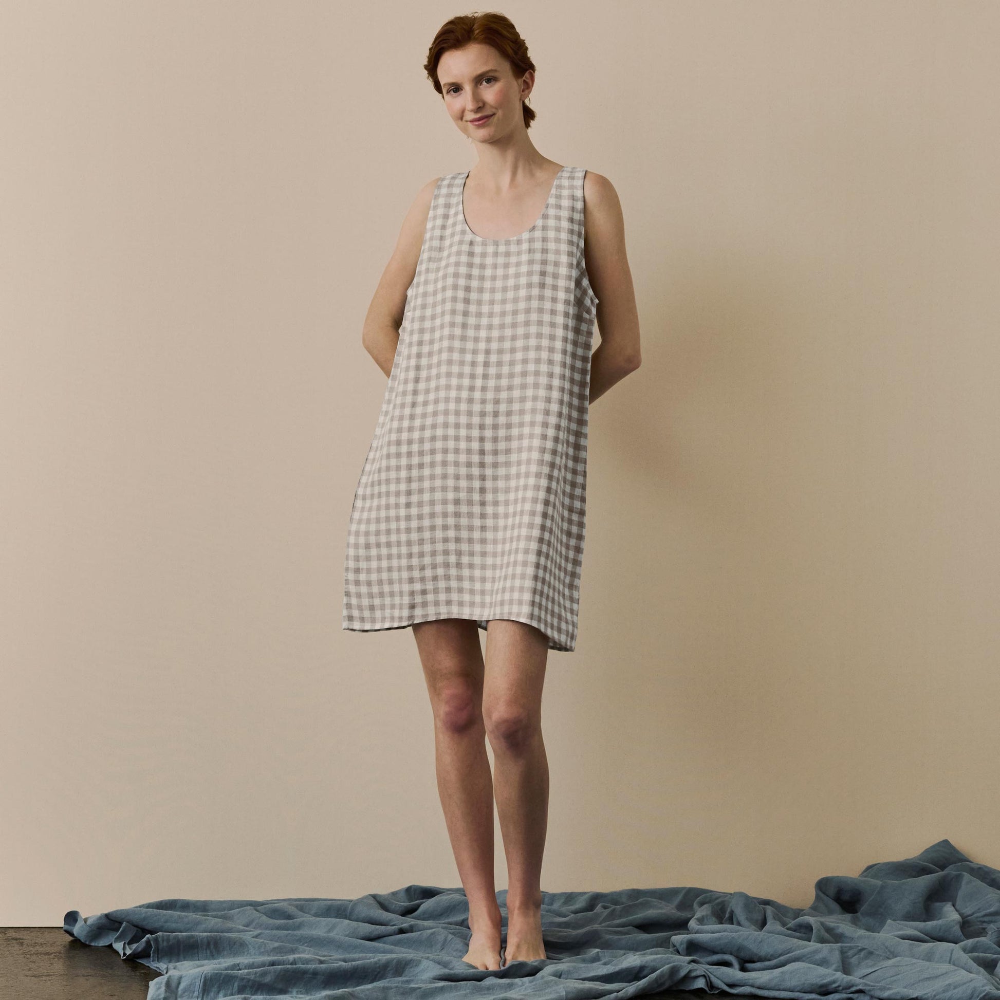 Mushroom Gingham Linen Night Dress