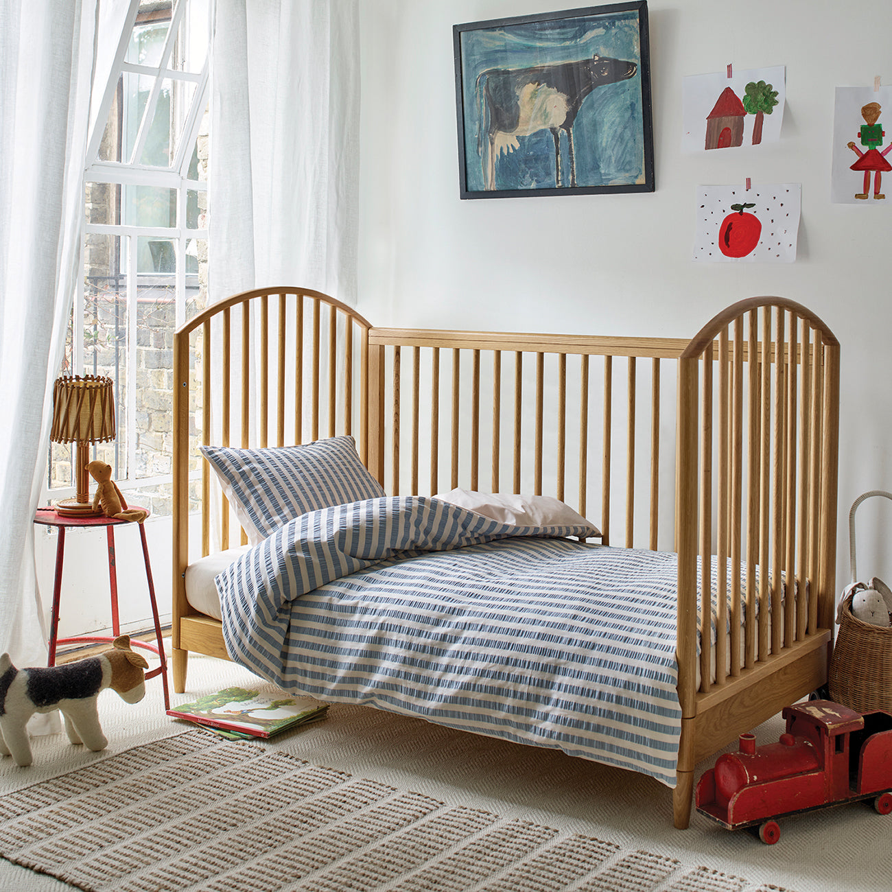 Warm Blue Seersucker Kids Stripe Cotton Bedding Set | Piglet in Bed UK