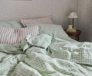 Sage Green Gingham Linen Blend Flat Sheet