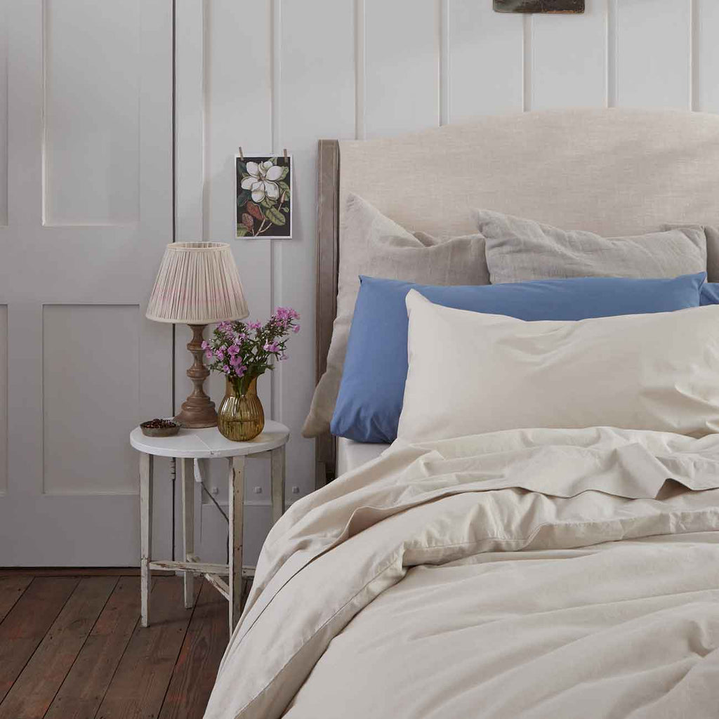 Parchment and Cove Blue Washed Cotton Percale Bedding