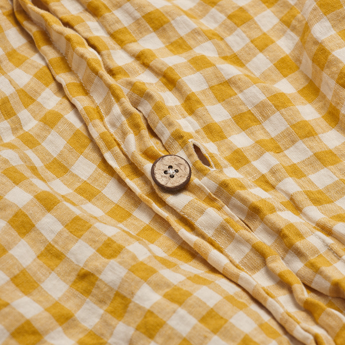 Honey Gingham Linen Duvet Cover Button Detail